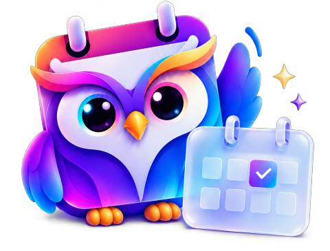 Lingoo, Calingoo’s owl mascot, holding a calendar